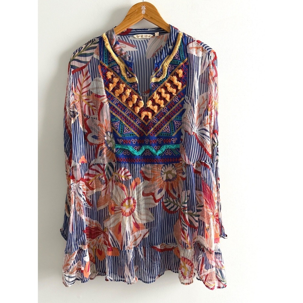 Soft Surroundings Tory Top Blue Floral Sheer Boho Embroidered Pom Pom Tunic 3X - Picture 1 of 11